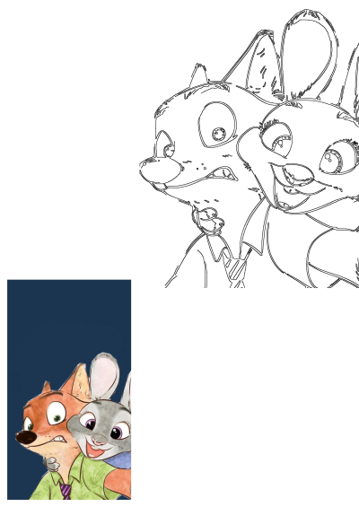 Zootopia's Nick Wilde, looking surprised, is hugged by a smiling Judy Hopps. Image features both a vibrant colored version and a black outline drawing.