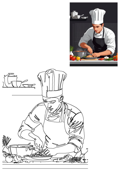 A man in an apron is preparing food in a kitchen, likely pasta, with fresh ingredients. Chef is focused on his work. 
