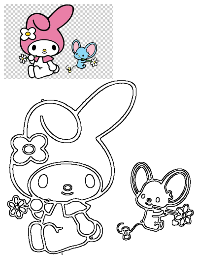 Hello Kitty and a blue bunny rabbit cartoon character clipart with a transparent background, holding a flower. PNG design.