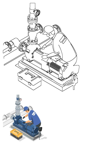 Isometric illustration of a maintenance engineer repairing an industrial pump with pipes and a toolbox for facilities maintenance.