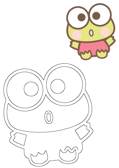 Cute Keroppi illustration from Sanrio. The frog character looks surprised with big eyes and pink cheeks, wearing a pink outfit.