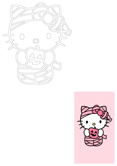 Cute Hello Kitty dressed as a mummy holding a pink pumpkin. Perfect for Halloween decorations or party invites. 
