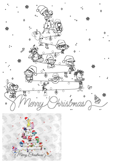 a merry christmas tree with cartoon characters on it's branches and the words merry christmas
