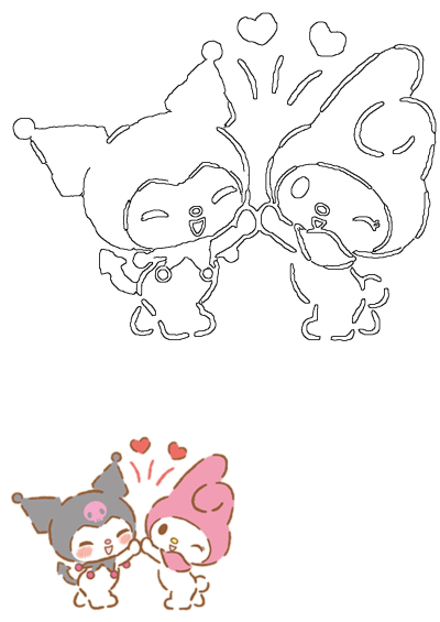 Illustration of Kuromi and My Melody high-fiving with two red hearts above them. A cute and friendly depiction of the Sanrio characters.