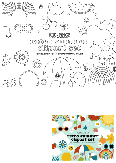 Retro summer clipart set includes flowers, fruit, clouds, sun, rainbow, beach ball, umbrella, and more. Ideal for summer projects.