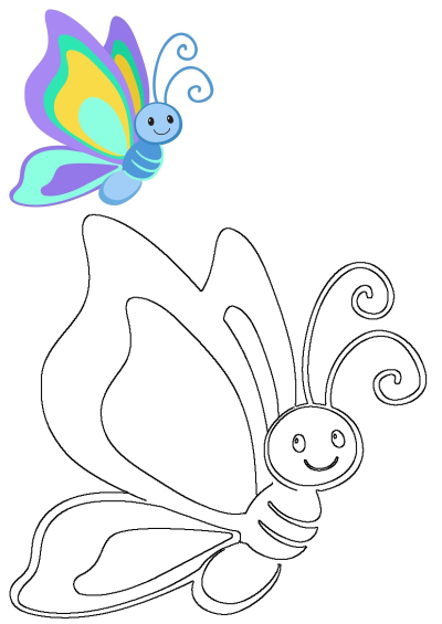 A cute blue and yellow butterfly illustration with swirls on its wings, facing the viewer. Perfect for kids' crafts or educational materials.