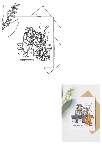 Father's Day card showing a man and child sitting on a bench next to a campfire, roasting marshmallows. Happy Father's Day.