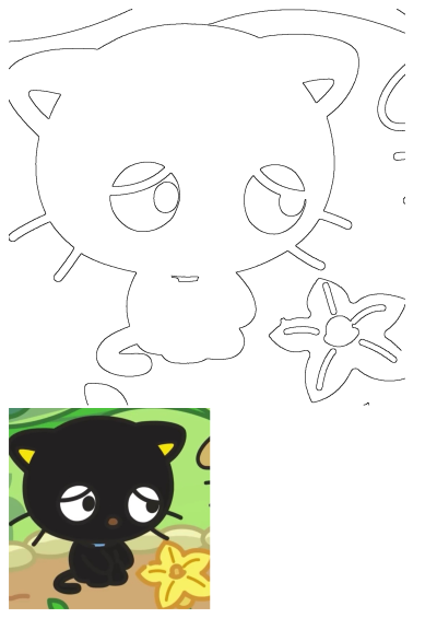 Illustration of Chococat, a black cat with yellow ears, sitting next to a yellow flower. Cute cartoon animal in nature. 