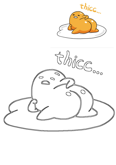 Funny Gudetama egg yolk character laying down, looking thicc on a white plate. Amusing cartoon illustration of the lazy egg.