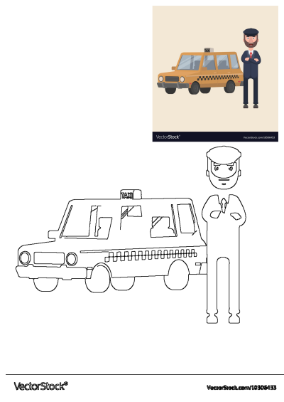Cartoon image of a man standing next to a taxi cab with his arms crossed in front of him, showing a friendly professional driver.