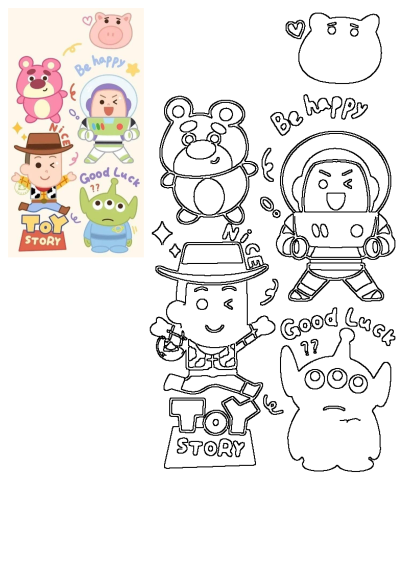 Toy Story cartoon characters including Woody, Buzz Lightyear, Lotso, Hamm and Alien with 'Be Happy' and 'Good Luck' messages. Cute and cheerful!