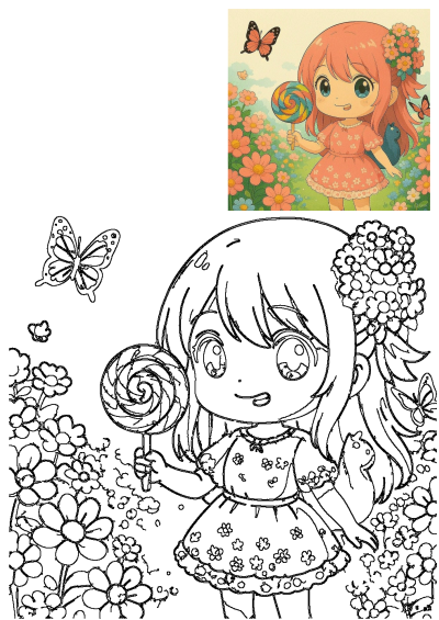 Chibi girl with pink hair holding a lollipop, surrounded by flowers and butterflies. A kawaii, pastel anime art with a cheerful vibe.