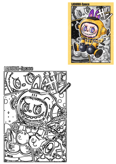 Cartoon image features a Labubu-Space character with purple eyes and black gloves,sitting in front of yellow background. 