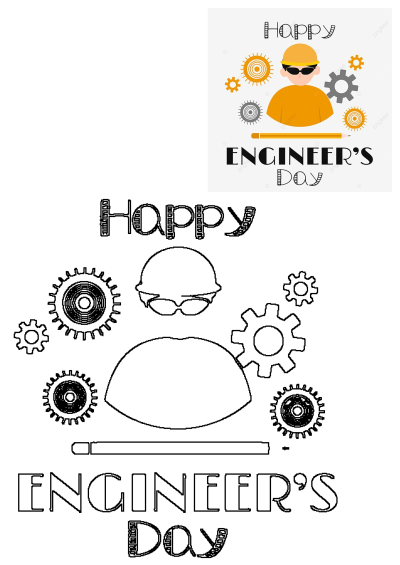 Happy Engineer's Day card featuring an engineer in a hard hat, gears, and text. A festive design celebrating engineers and their contributions.