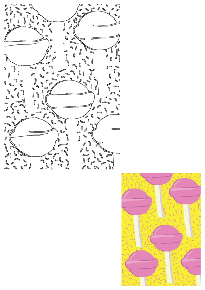 Image featuring pink lollipops on a vibrant yellow and white background adorned with black dots, creating a fun, colorful pattern.