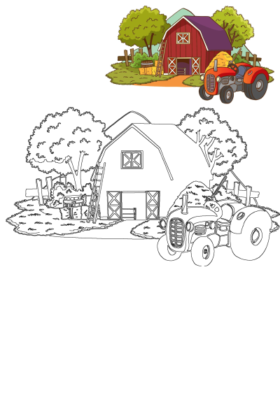 Cartoon illustration of a red tractor with hay bales near a barn. A rustic farm scene with a tractor and hay in front of the barn.