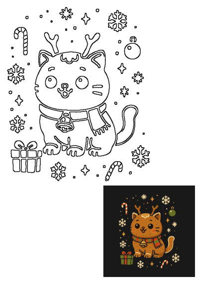 Cute cat wearing reindeer antlers and a festive scarf, surrounded by Christmas gifts, snowflakes, and candy canes, for holiday joy.