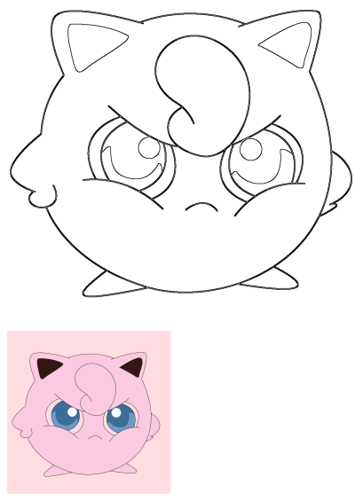 Illustration of an angry Jigglypuff, a round, pink Pokemon with large blue eyes and a curled tuft of hair. Fanart.