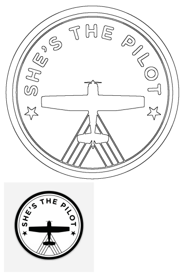 The logo for She's The Pilot features a black and white design with an airplane silhouette, stars, and the text 'She's The Pilot'.