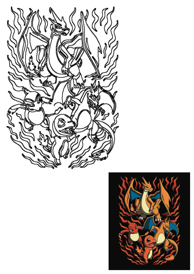 Pokemon evolution fan art: Charmander, Charmeleon, and Charizard with fire. The pokemons are all different colors and sizes, but one is not in color.