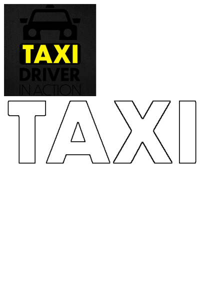 Taxi driver in action logo on a black background featuring a car outline and the words 'TAXI DRIVER IN ACTION' in yellow and black.