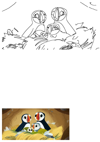 Adorable cartoon of puffin family nestled in a nest of hay. Two adult puffins and two baby puffins cuddling, looking with big black eyes.