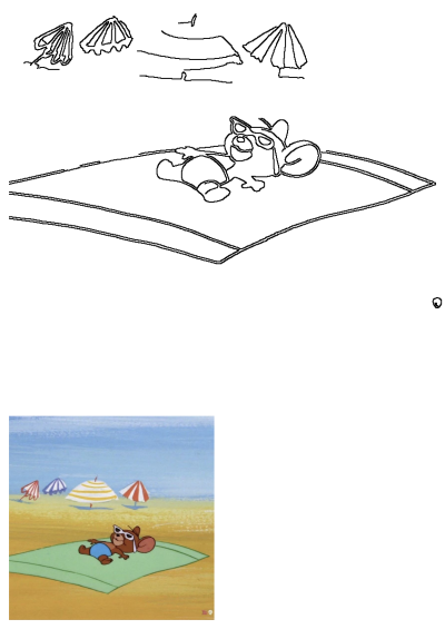 Jerry from Tom and Jerry cartoon relaxing on a towel at the beach with sunglasses and beach umbrellas in the background.