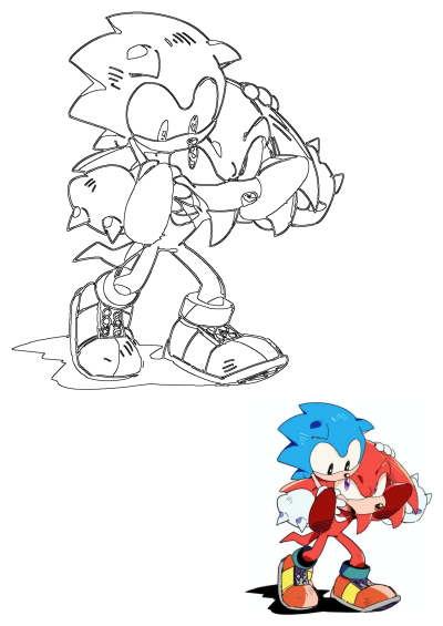 Sonic the Hedgehog hugs Knuckles, an affectionate moment. Features Sonic holding his face with one hand and the other on Knuckles' chest.