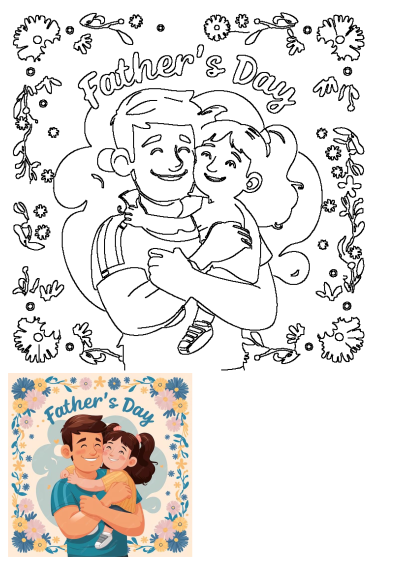 A heartwarming cartoon illustration for Father's Day featuring a loving father hugging his daughter, surrounded by a floral frame.