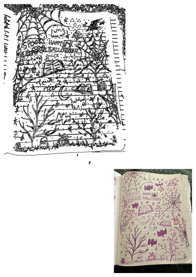 an open notebook with halloween doodles and writing on the pages, in front of a carpeted area