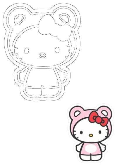 Hello Kitty sticker wearing a pink bear-themed costume and a red bow on its head. Kawaii-style design with classic Hello Kitty details. 