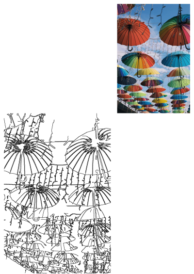 Many colorful umbrellas are hanging in the air, an art installation with string lights. A vibrant street scene with rainbow umbrellas against a blue sky.