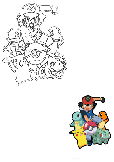 Ash Ketchum is in front of the Pokemon characters Pikachu, Squirtle, Charmander, and Bulbasaur. The pokemon characters are all different colors and sizes.