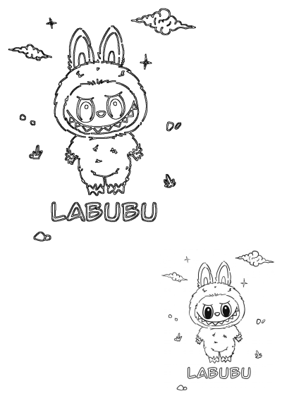 Line art illustration of a Labubu monster character for coloring. Cute bunny ears, clouds, and the word Labubu at the bottom of the drawing.