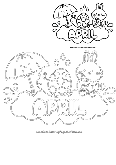 April coloring page features an Easter bunny sitting on a cloud with an egg and umbrella, perfect for kids to color during the spring season.