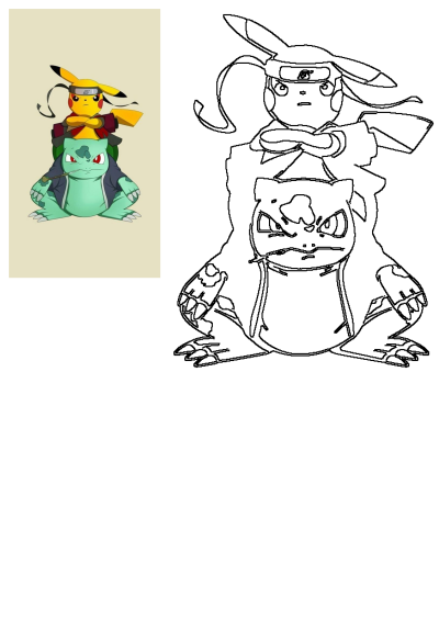 Pokemon Pikachu and Bulbasaur are sitting on top of each other. Pikachu is styled as Naruto character in a headband. Anime crossover characters.