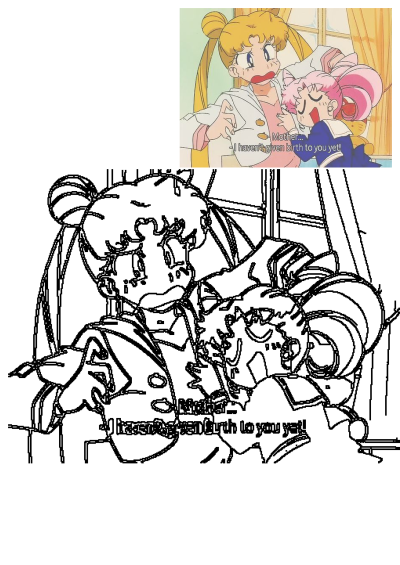 Anime scene: Usagi from Sailor Moon is startled as Chibiusa hugs her, exclaiming, "I haven't given birth to you yet!" 