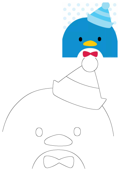 Illustration of a blue penguin wearing a party hat with polka dots and a red bow tie.  Festive and cute cartoon image.