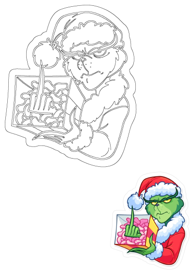 The grin face sticker is holding a box of gummy candies and pointing to it with middle finger up in a funny Christmas Grinch image.