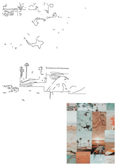 Aesthetic beach and ocean themed collage featuring various summer vacation travel images, including sharks, beach, sunset, palms.