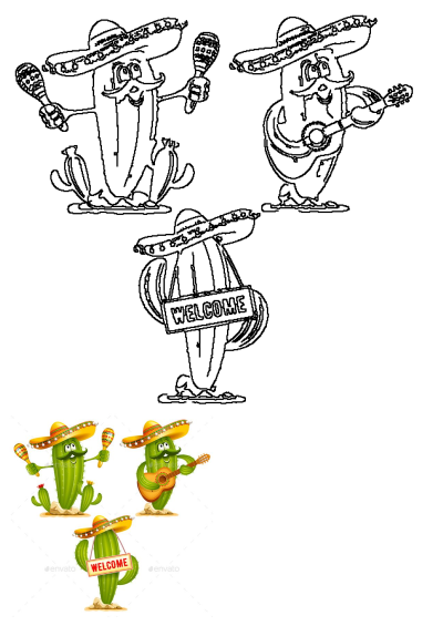 Cartoon cacti wearing sombreros, one playing guitar, one with maracas, and one holding a welcome sign. Fun image for Mexican themed graphics.