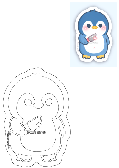 This is a cute cartoon penguin sticker holding a knife. The penguin has rosy cheeks, yellow feet and a white belly.