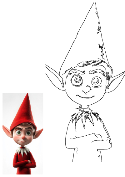 Outline art of a cute cartoon elf with a red hat, big ears, and crossed arms, smiling cheerfully. Includes the colorful reference image.