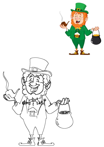 A leprechaun cartoon illustration holding a pot of gold and a smoking pipe in his hand. Perfect for St. Patrick's Day designs.