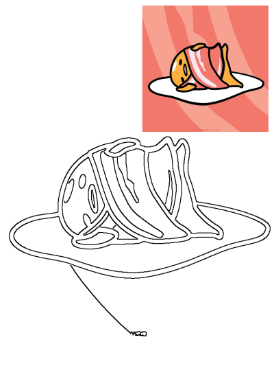 Cute illustration of lazy egg Gudetama on a plate covered with bacon strips. A yummy breakfast illustration of bacon on a plate.