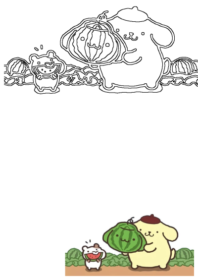 Cute cartoon image of PomPomPurin, a Sanrio character, holding a watermelon. Another cartoon dog enjoys a slice in the background. alt: cartoon dog holding a watermelon in its mouth
