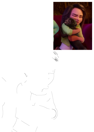 Animated movie scene: A young girl with closed eyes is hugging a black cat. The moment seems tender and filled with warmth and affection.