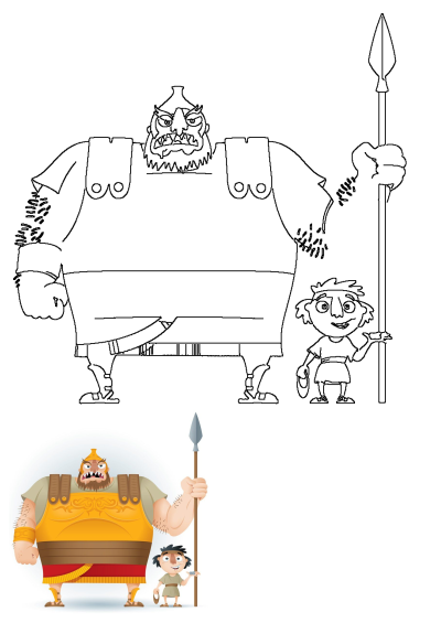 Cartoon image of David and Goliath. Goliath, a cartoon character, holds a spear and stands next to David, a man in costume.