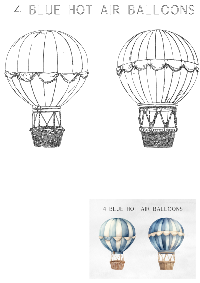 Illustration of two blue and white watercolor hot air balloons with wicker baskets,perfect for nursery art or baby shower invitations. 
