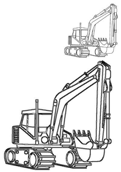 Drawing of an excavator used in construction. Depicts the machinery in detail, ideal for illustrating construction projects or learning about equipment.